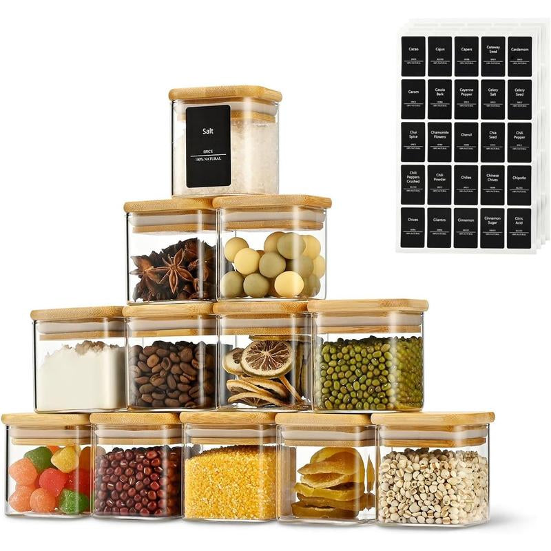 5Oz Airtight Square Containers with Lid Set of 12 with Black Lables Storage Stackable Jar, Kitchen Canister for Sugar, , Flour, Salt and Seasonings (?Clear Glass)