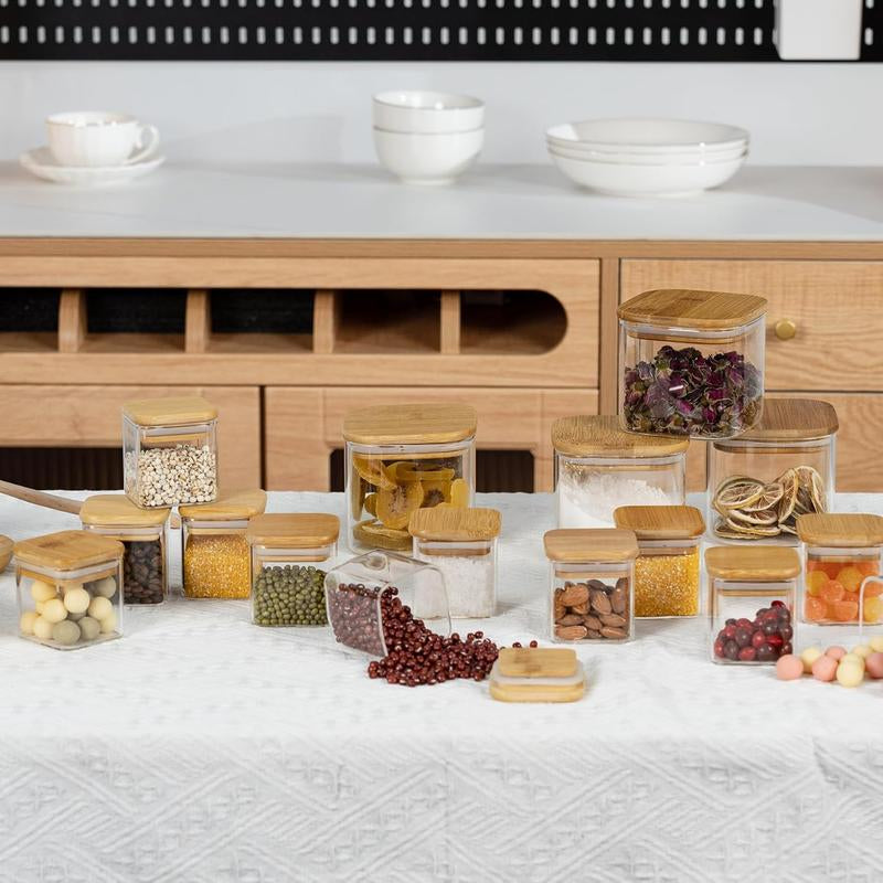 5Oz Airtight Square Containers with Lid Set of 12 with Black Lables Storage Stackable Jar, Kitchen Canister for Sugar, , Flour, Salt and Seasonings (?Clear Glass)