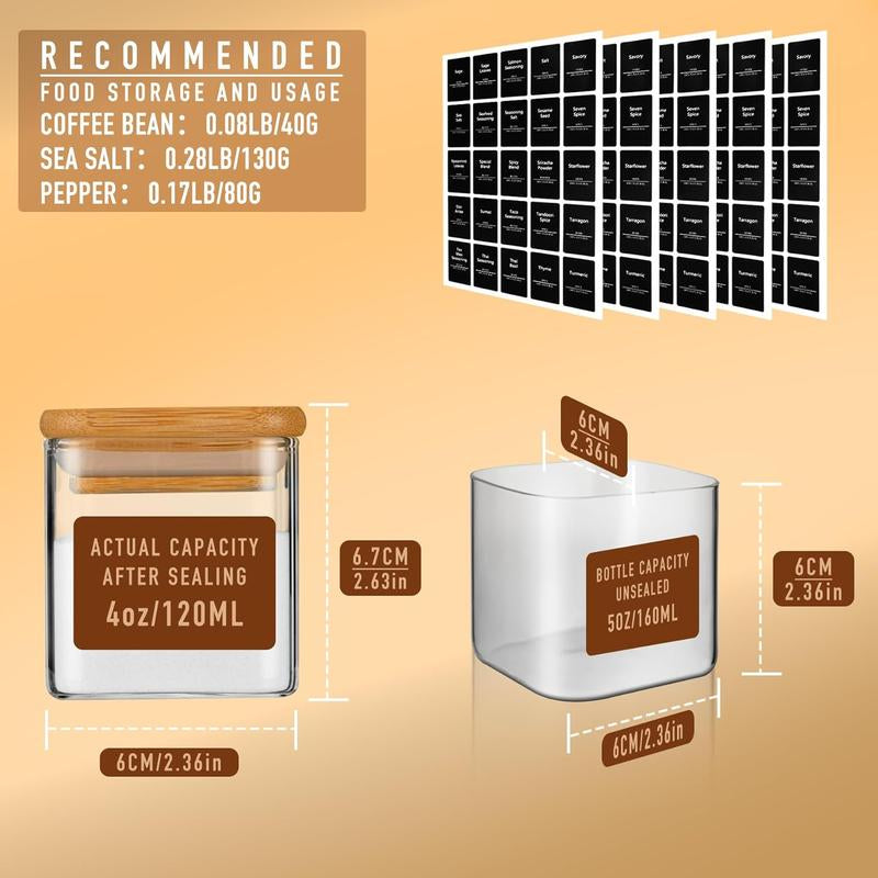 5Oz Airtight Square Containers with Lid Set of 12 with Black Lables Storage Stackable Jar, Kitchen Canister for Sugar, , Flour, Salt and Seasonings (?Clear Glass)